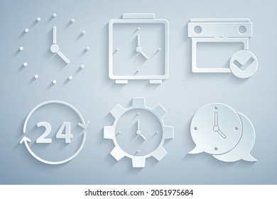 Set Time Management, Calendar with check mark, Clock 24 hours, speech bubble, Alarm clock and  icon. Vector