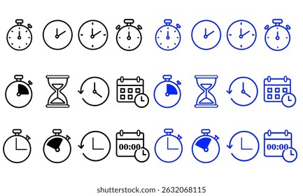 Set of Time Management and Clock Icons Including Stopwatch, Hourglass, Calendar, and Timer in Black and Blue Line Art Style
