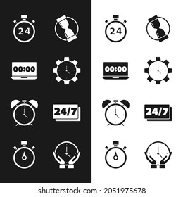 Configure Time Management, Clock on laptop, Stopwatch 24 horas, Old hourglass, Alarm clock clock y icon. Vector