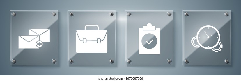 Set Time Management, Completed task, Briefcase and Envelope. Square glass panels. Vector