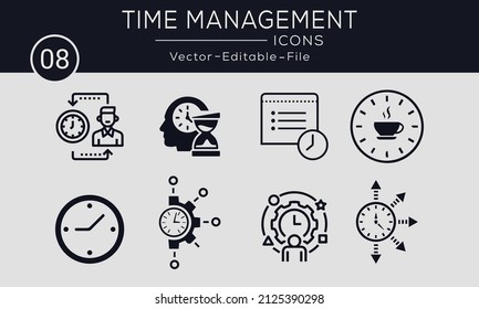 Diseño de iconos de concepto de Set of Time Management. Contiene tales objetivos de iconos, productividad, proceso, rendimiento y más, se pueden usar para web y aplicaciones.