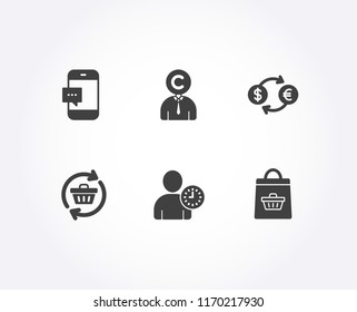 Set of Time management, Currency exchange and Ð¡opyrighter icons. Smartphone message, Refresh cart and Online buying signs. User with clock, Banking finance, Writer person. Vector