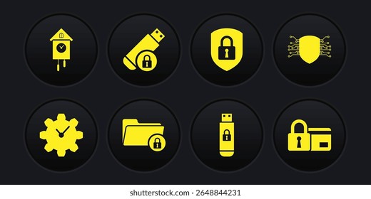 Definir gerenciamento de tempo, segurança cibernética, pasta e bloqueio, unidade flash USB com, Shield e ícone. Vetor