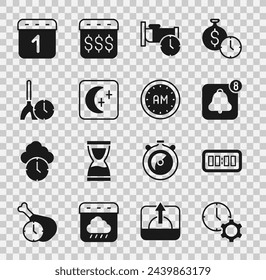 Ajuste de la gestión del tiempo, reloj despertador digital, aplicación de alarma móvil, para dormir, Luna y estrellas, Hora de limpieza, Calendario e icono de la mañana. Vector