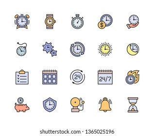 Set of Time Management Flat Color Line Icons. Calendar, Schedule, Checklist, Stopwatch, Timer, Deadline, Investment, Alarm Bell, Hourglass and more. Pack of 48x48 Pixel Icons