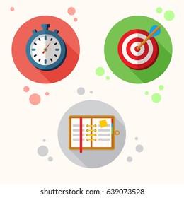 Set of time management flat vector icons. Timer, target, planner.