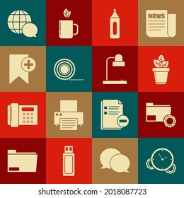 Set Time Management, Folder settings with gears, Flowers pot, Marker pen, Scotch, Bookmark, World map made from speech bubble and Table lamp icon. Vector
