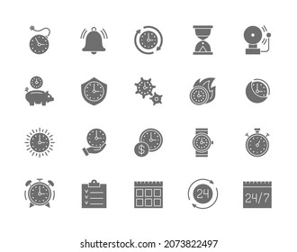 Set of Time Management Grey Icons. Calendar, Schedule, Checklist, Timer and more