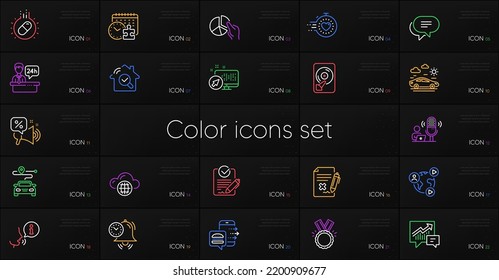 Set of Time management, Hdd and Cloud computing line icons. Include Reception desk, Reject file, Pie chart icons. Text message, Discounts offer, Rfp web elements. Food order, Car travel. Vector