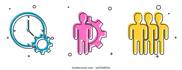 Set Time Management, Human with gear inside and Users group icon. Vector