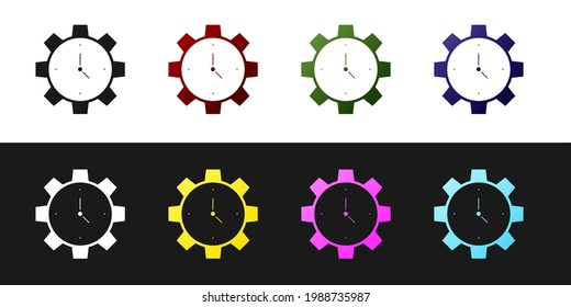 Set Time Management icon isolated on black and white background. Clock and gear sign. Productivity symbol.  Vector