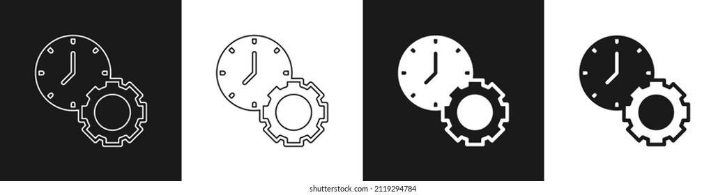 Set Time management icon isolated on black and white background. Clock and gear sign. Productivity symbol.  Vector