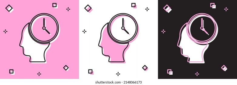 Icono de Administración de horas aislado en fondo negro y rosa y blanco. Señal de reloj y marcha. Símbolo de productividad. Vector