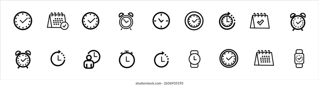 Set of time management icons including clocks, alarm clocks, calendars, wristwatches, timers, and check marks. Flat black and white vector symbols isolated on white background. 