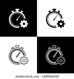 Set Time Management icons isolated on black and white background. Clock and gear sign. Productivity symbol. Vector Illustration