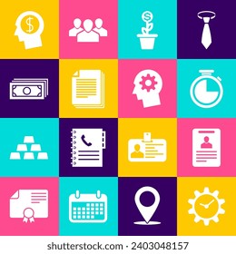 Set Time Management, Identification badge, Stopwatch, Dollar plant in the pot, Document and Stacks paper money cash icon. Vector