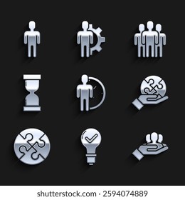 Set Time Management, Light bulb and check mark, Project team base, Piece of puzzle in hand, Old hourglass with flowing sand, Users group and man business suit icon. Vector