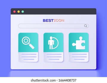 Set Time Management, Magnifying glass and gear and Piece of puzzle icon. Vector