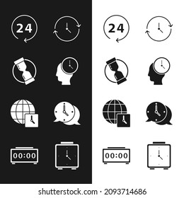 Set Time Management, Old hourglass, Clock 24 hours, World time, speech bubble, Alarm clock and Digital alarm icon. Vector