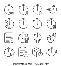 Set of Time Management Outline Icon. Stopwatch, Speed, Task, Delivery, and more. Editable Stroke. Isolated on White Background. Vector