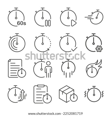 Set of Time Management Outline Icon. Stopwatch, Speed, Task, Delivery, and more. Editable Stroke. Isolated on White Background. Vector