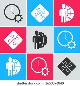 Establecer Administración de tiempo, Pieza de rompecabezas y Globo e icono de personas. Vector