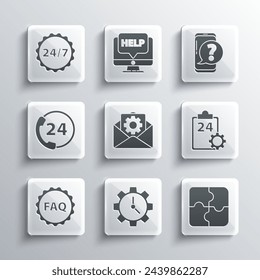Set Time Management, Piece of puzzle, Checklist with 24 hours service, Envelope setting, Label text FAQ, Telephone support, Clock and Mobile question icon. Vector