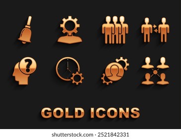 Set Time Management, Project team base, Human with gear inside, head question mark, Users group, Ringing bell and  icon. Vector