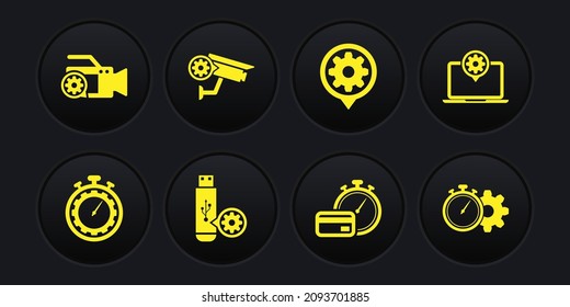 Set Time management setting, Laptop, USB flash drive, Fast payments, Setting and Security camera icon. Vector