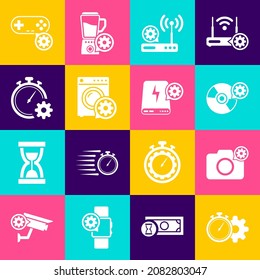 Ajuste la configuración de administración de tiempo, cámara fotográfica, disco de CD o DVD, enrutador y wi-fi, Washer e icono. Vector