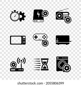 Set Time Management Setting, Power Bank, Radio, Router And Wi-fi, Old Hourglass With Sand And Washer Icon. Vector