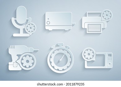 Set Time management setting, Printer, Drill machine, Microwave oven, Toaster and Microphone icon. Vector