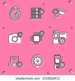 Set Time management setting, Server, Security camera, Photo, Processor and Video icon. Vector