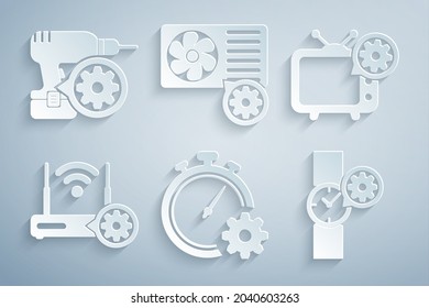 Set Time management setting, Tv, Router and wi-fi, Wrist watch, Air conditioner and Drill machine icon. Vector