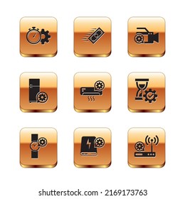 Set Time management setting, Wrist watch, Power bank, Air conditioner, Refrigerator and Video camera icon. Vector