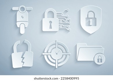 Set Time Management, Shield security with lock, Broken or cracked, Folder and, Cyber and Electric scooter icon. Vector