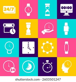 Set Time Management, Smartwatch, Old hourglass, Calendar and clock, Clock 24 hours and  icon. Vector