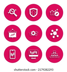 Set Time Management, Stocks Market Growth Graphs, Hierarchy Organogram, Project Team Base, Mobile Stock Trading, Board With, Financial And Search Data Analysis Icon. Vector