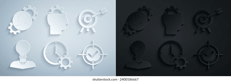 Set Time Management, Target with arrow, Human head lamp bulb, and check mark, gear inside and  icon. Vector