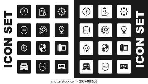 Set Time Management, Telephone 24 hours support, Shield with text Help, Question mark, Location clock, Checklist service,  and  icon. Vector