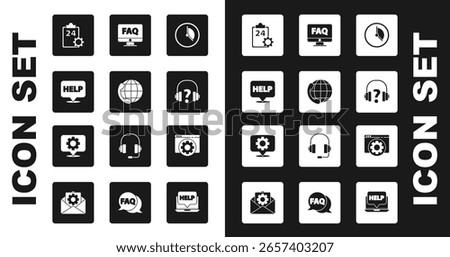 Set Time Management, Telephone 24 hours support, Speech bubble with text Help, Checklist service, Headphones, Computer monitor and FAQ, Browser setting and Location gear icon. Vector