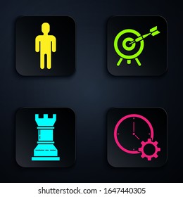 Set Time Management, User of man in business suit, Business strategy and Target with arrow. Black square button. Vector