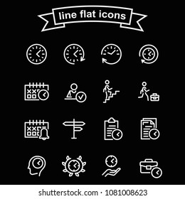 Set of time management vector thin line black and white icons.
