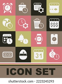 Set Time es dinero, aplicación de reloj de alarma móvil, Payday, calendario con dólar, configuración de calendario, administración, hora mundial y desperdicio de icono. Vector