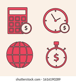 Set Time is money, Calculator with dollar symbol, Time is money and Earth globe icon. Vector