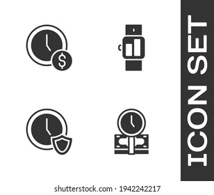 Set Time ist Geld, Uhren mit Schild und Smart Uhr Symbol. Vektorgrafik