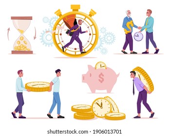 Set Of Time And Money Concept. Vector Sandglass With Golden Coins, Man Running In Stopwatch, Old And Young People Exchanging Resources, Watch In Shape Of Coins, Piggy Bank And Dollar Sign