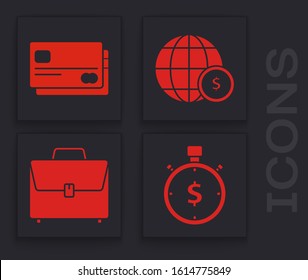 Set Time is money, Credit card, Earth globe with dollar symbol and Briefcase icon. Vector