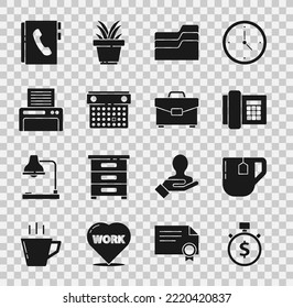 Set Time es dinero, Taza de té con bolso de té, teléfono, carpeta de documentos, calendario, impresora, libreta de direcciones e icono de maletín. Vector
