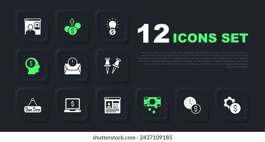 Set Time is money, Gear with dollar symbol, Envelope, Stacks paper cash, Business man planning mind, Laptop, Financial growth and Resume icon. Vector